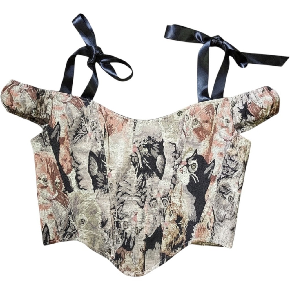 L JR TAPESTRY cats‎ bustier ribbon cold shoulder crop sleeveless top layering